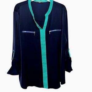 Gaharu Women's Navy/Green Retro Colorblock Faux Zip Pockets Roll Tab Blouse XXL